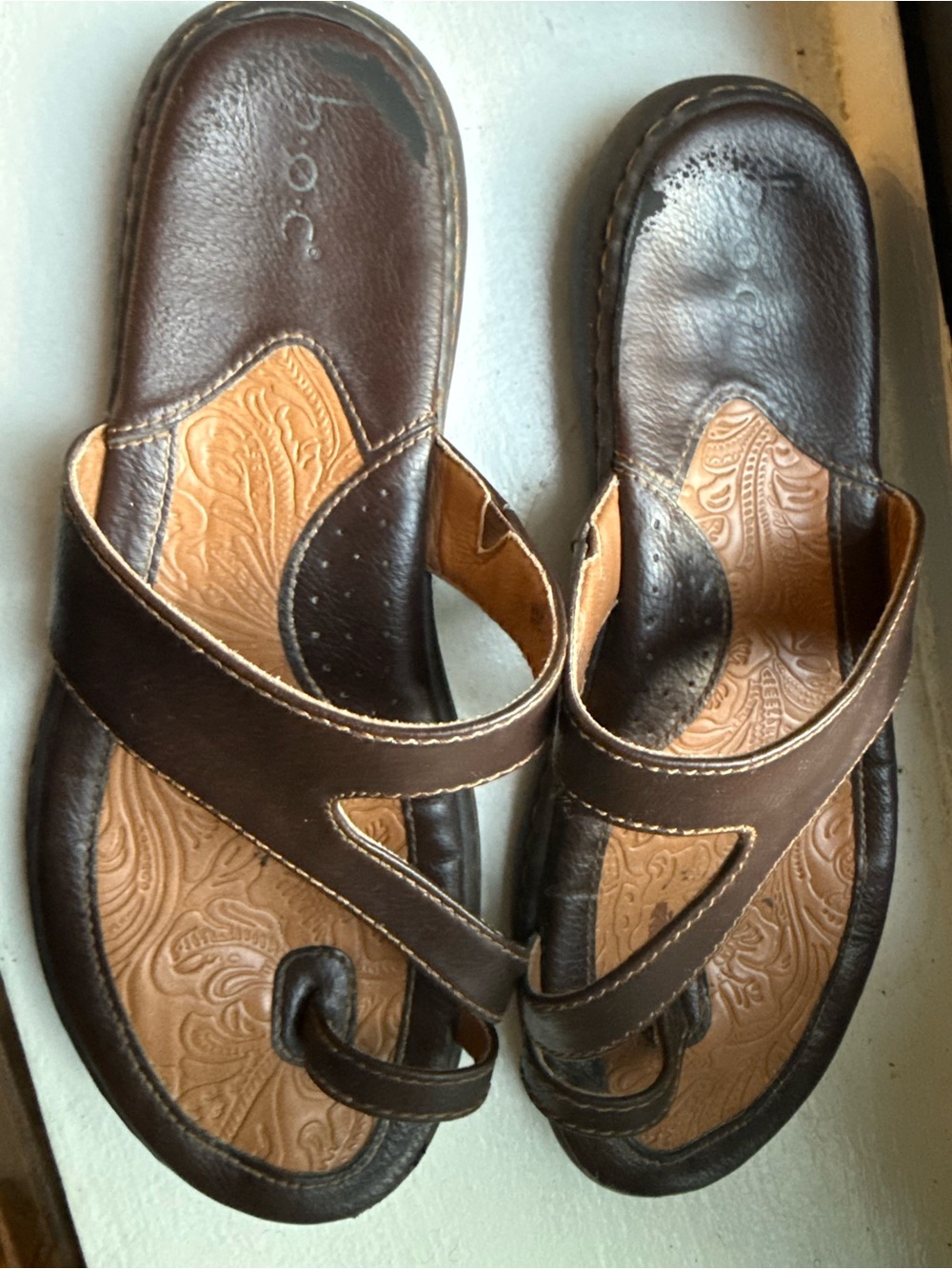 b.o.c. Brown Leather Toe-Loop Slide Sandals with Embossed Footbed